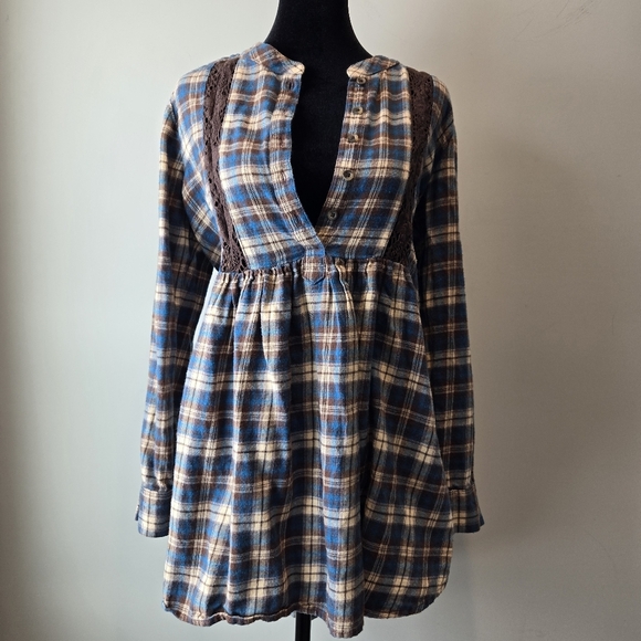 Wrangler Wrancher Women's Plaid Flannel Babydoll Pullover Button V-Neck - Picture 2 of 13